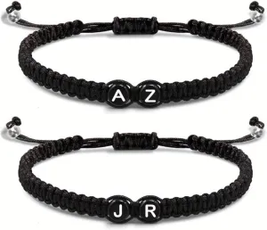 2Pcs Personalized Couples Bracelets for Him & Her, Matching Initial Letter Adjustable Promise Bracelets, Handmade Rope Friendship & Relationship Gift for Anniversary, Birthday
