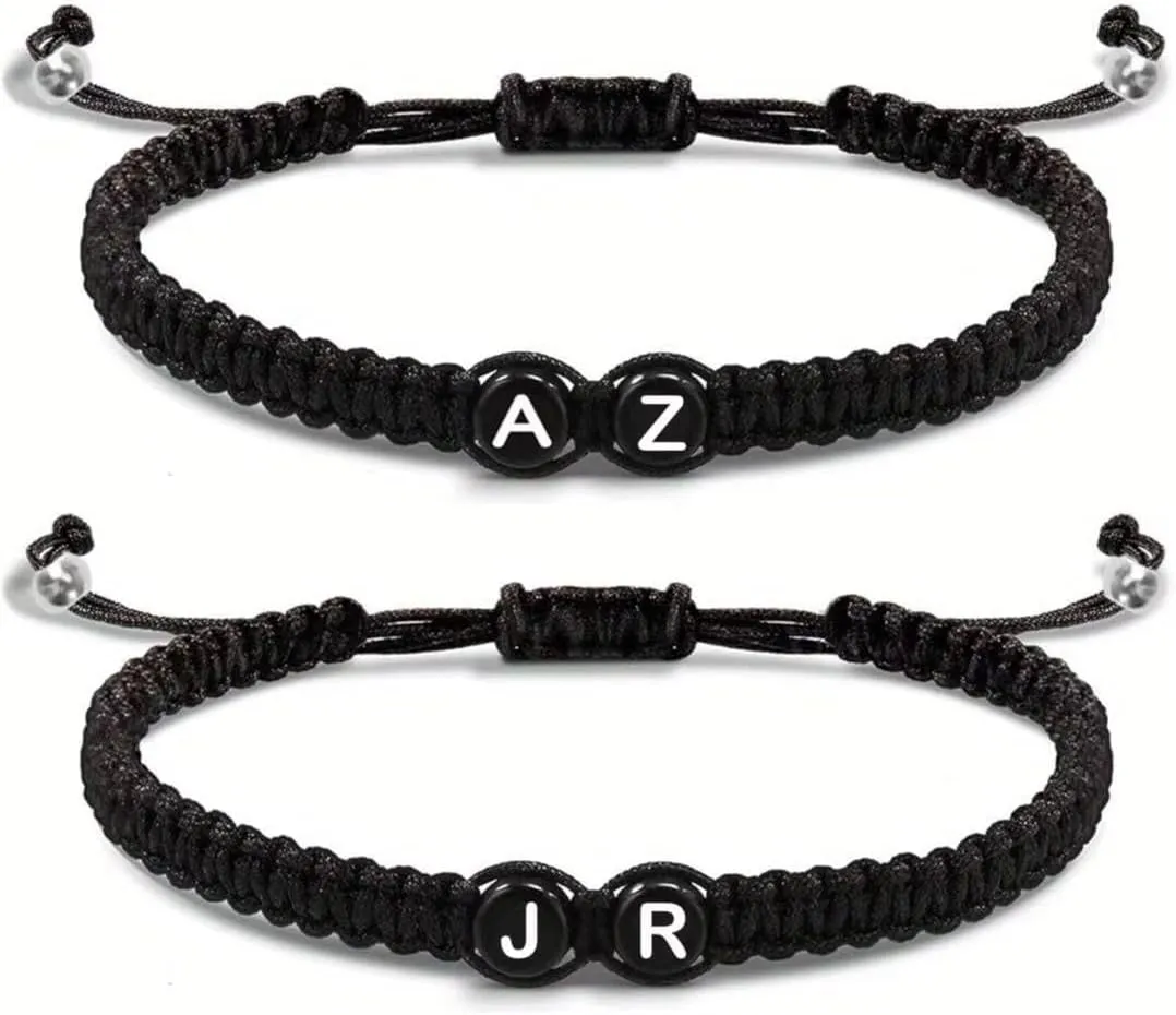 2Pcs Personalized Couples Bracelets for Him & Her, Matching Initial Letter Adjustable Promise Bracelets, Handmade Rope Friendship & Relationship Gift for Anniversary, Birthday