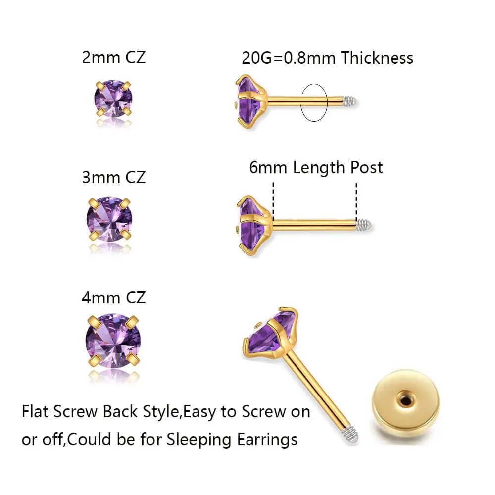 3Pairs CZ Stud Flat Screw Back Earrings for Women Multiple Piercing,Dainty Flatback Cubic Zirconia Cartilage Earring Stud,Helix Tragus Conch Piercing Jewelry (2mm/3mm/4mm Gold, Purple CZ)