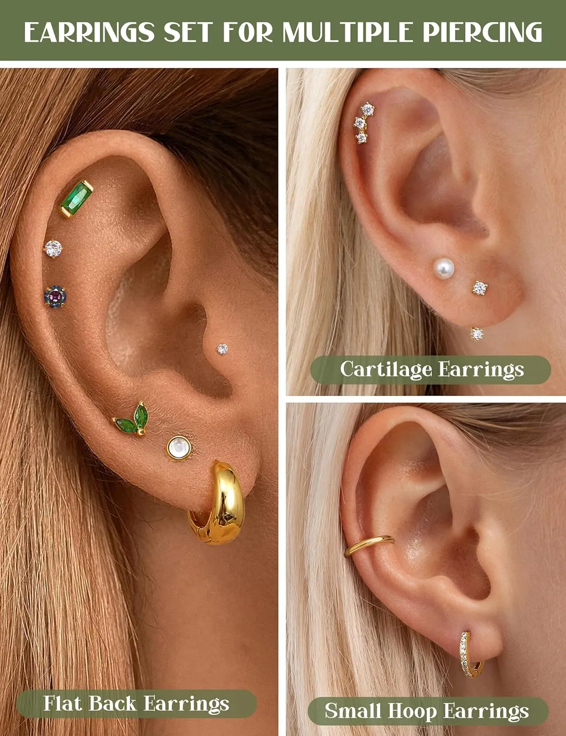 BESTEEL Hypoallergenic Flat Back Earrings - 14K Gold Cartilage Earring Sets for Multiple Piercing, 20G Surgical Stainless Steel Earrings for Women, Small Hoop Flatback Stud Earring Stacks