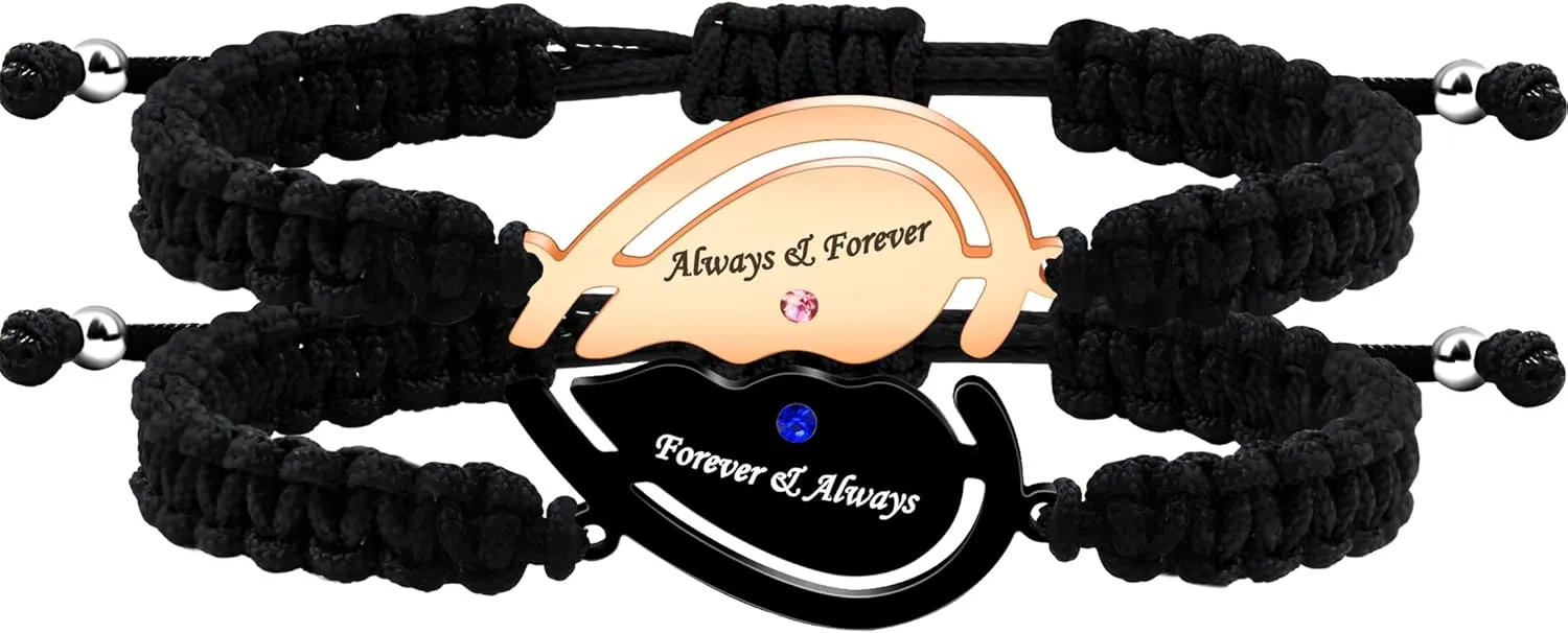 Couple's Heart Piece Woven Rope Bracelet with Pink and Blue Zirconia Inlaid, Rose Gold and Black Metal Eternal Bracelet, Personalized ID Couple Jewelry Male and Female Friendship Token