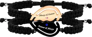 Couple's Heart Piece Woven Rope Bracelet with Pink and Blue Zirconia Inlaid, Rose Gold and Black Metal Eternal Bracelet, Personalized ID Couple Jewelry Male and Female Friendship Token
