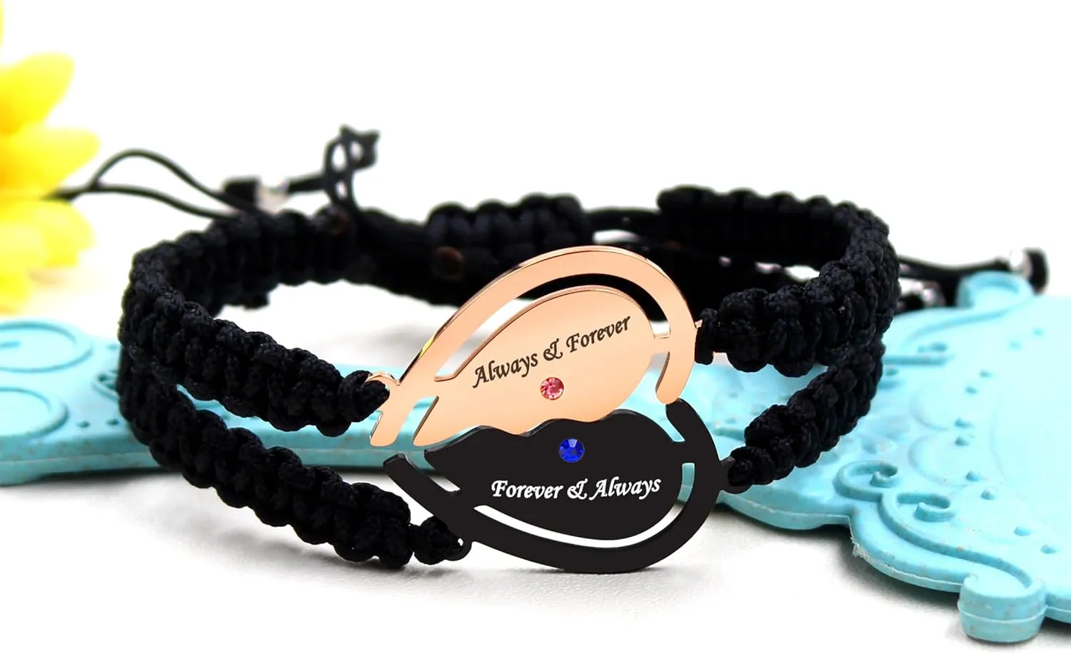 Couple's Heart Piece Woven Rope Bracelet with Pink and Blue Zirconia Inlaid, Rose Gold and Black Metal Eternal Bracelet, Personalized ID Couple Jewelry Male and Female Friendship Token