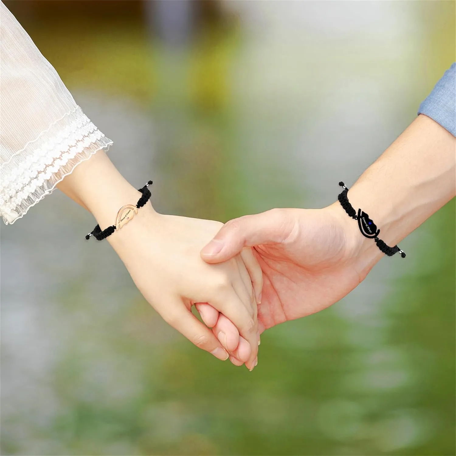 Couple's Heart Piece Woven Rope Bracelet with Pink and Blue Zirconia Inlaid, Rose Gold and Black Metal Eternal Bracelet, Personalized ID Couple Jewelry Male and Female Friendship Token