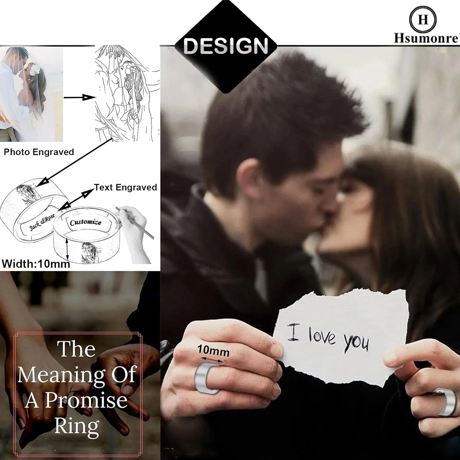 Customize Photo Ring for Couple Sisters Best Friends Engraved Patterns Inside Custom Text BFF Bands Titanium Stainless Steel Birthday Graduation Wide 10mm Silver Color