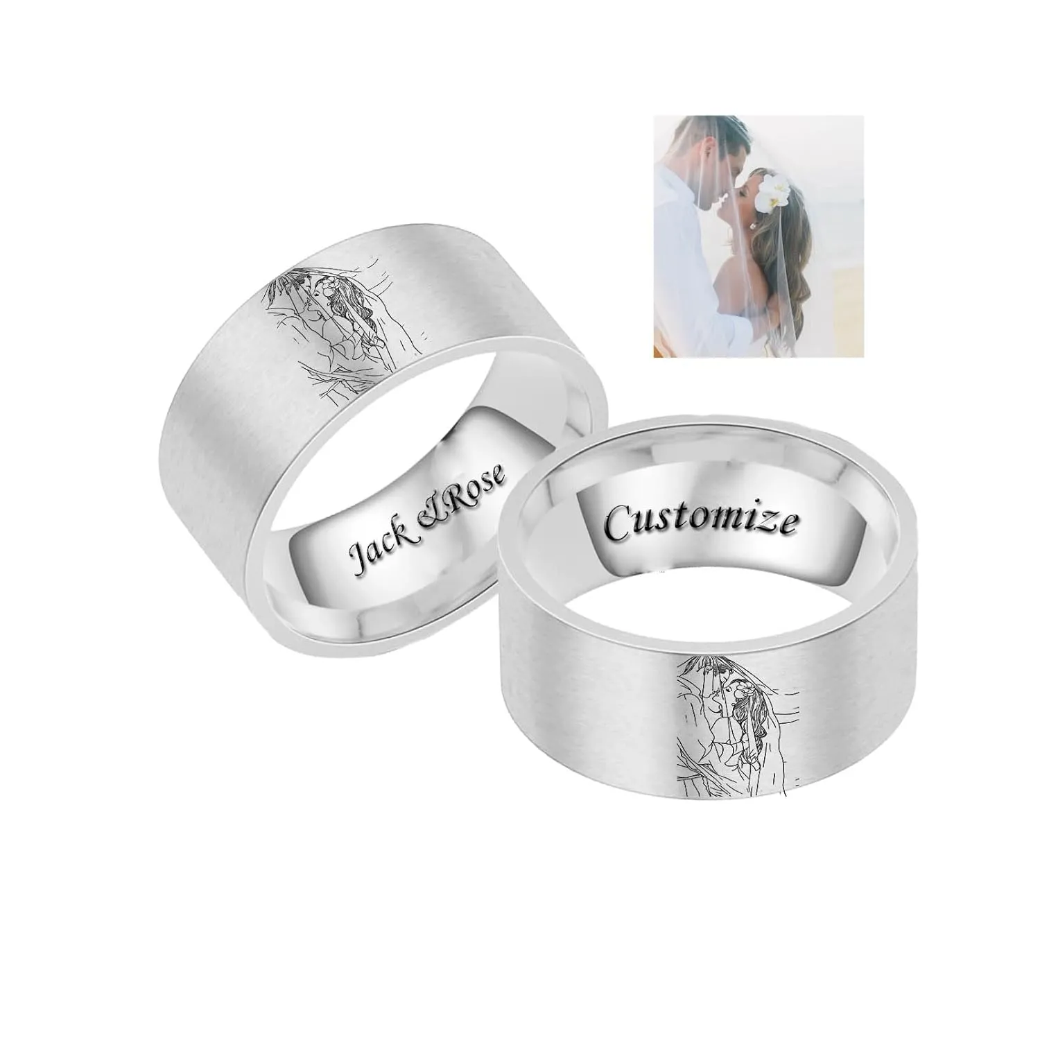 Customize Photo Ring for Couple Sisters Best Friends Engraved Patterns Inside Custom Text BFF Bands Titanium Stainless Steel Birthday Graduation Wide 10mm Silver Color