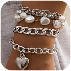 Fashion Dainty Boho Love Rhinestones Bracelets Set for Women Adjustable Beaded Chunky Flat Cable Chain Punk Bracelets for Women Set of 5