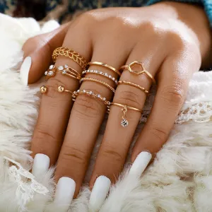 Fashion Diamond-Embedded Geometric Ring Set