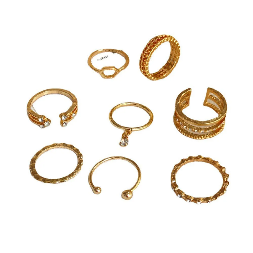Fashion Diamond-Embedded Geometric Ring Set
