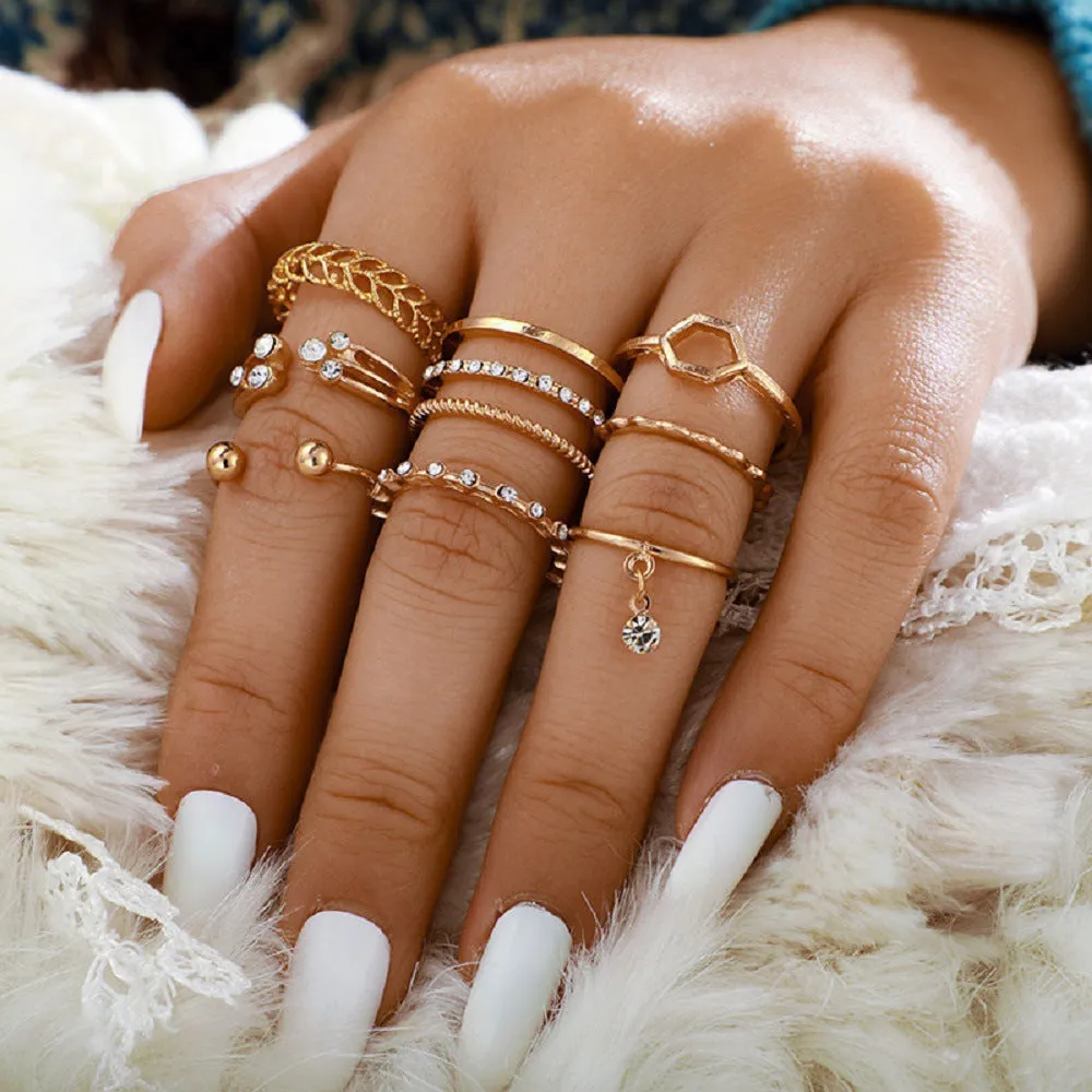 Fashion Diamond-Embedded Geometric Ring Set
