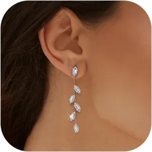 FIBO STEEL Silver Dangle Earrings for Women - Rhinestone Earrings Dangling - Bridal Earrings for Wedding Crystal Bow Tassel Long Chandelier Prom Earrings Party Jewelry