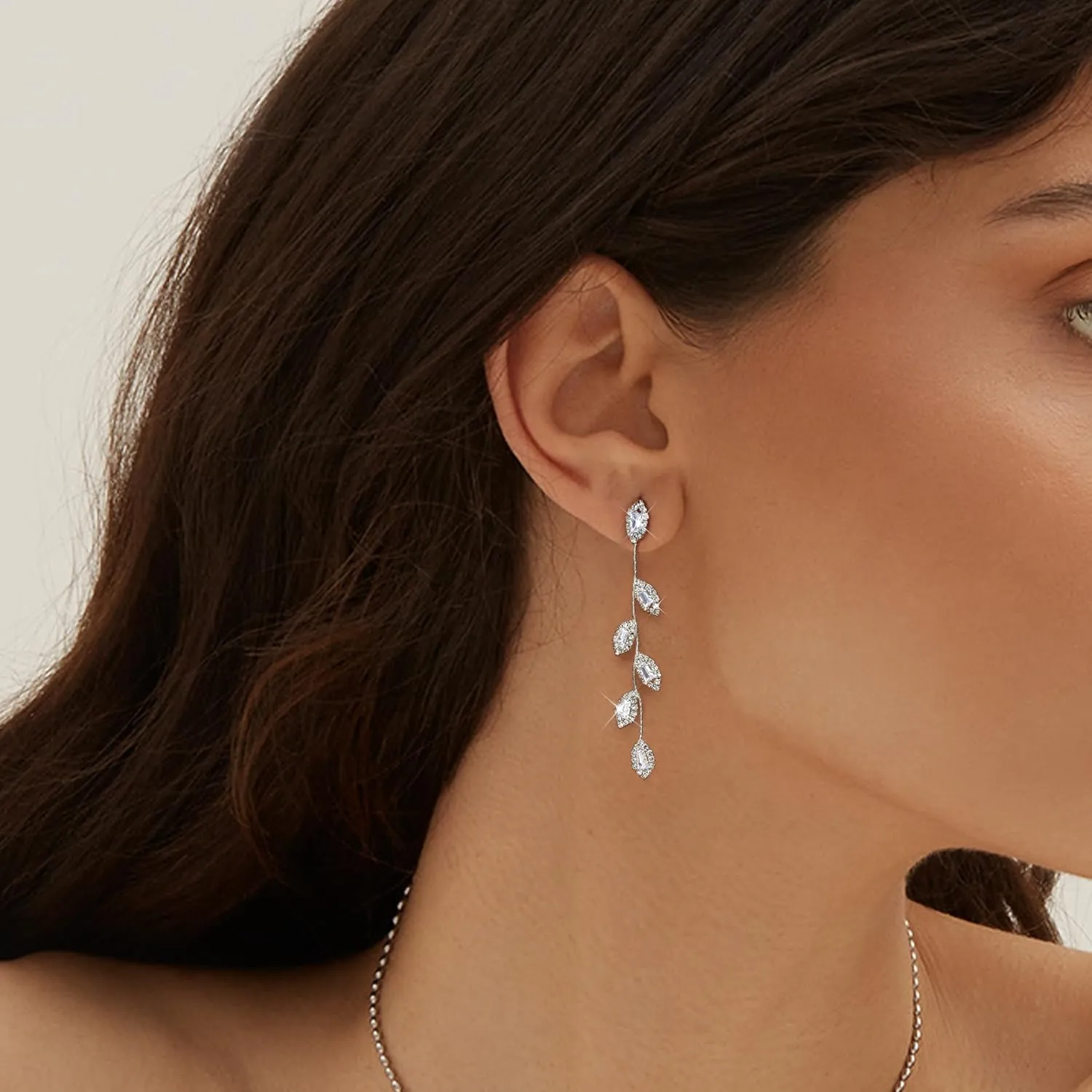 FIBO STEEL Silver Dangle Earrings for Women - Rhinestone Earrings Dangling - Bridal Earrings for Wedding Crystal Bow Tassel Long Chandelier Prom Earrings Party Jewelry