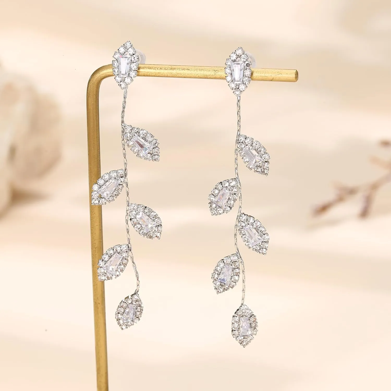 FIBO STEEL Silver Dangle Earrings for Women - Rhinestone Earrings Dangling - Bridal Earrings for Wedding Crystal Bow Tassel Long Chandelier Prom Earrings Party Jewelry