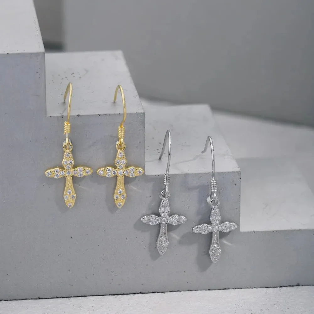 French Hook Pave Cross Drop Earrings