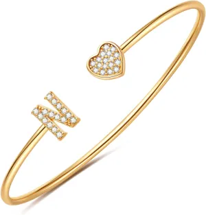 Gold Initial Bracelets for Women Girls, 14K Gold Plated Gold Bangle Bracelets for Women Girls Dainty Gold Initial Bracelets Heart Bracelets for Women Girls Bridesmaids Bracelets Gifts