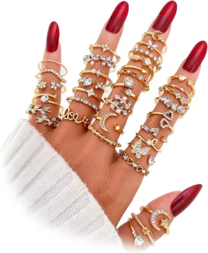Gold Knuckle Stacking Rings Set for Women, Boho Dainty Sparkle Crystal Rhinestone Moon Star Rings Sets, Vintage Joint Rings Pack Jewelry Gift for Her