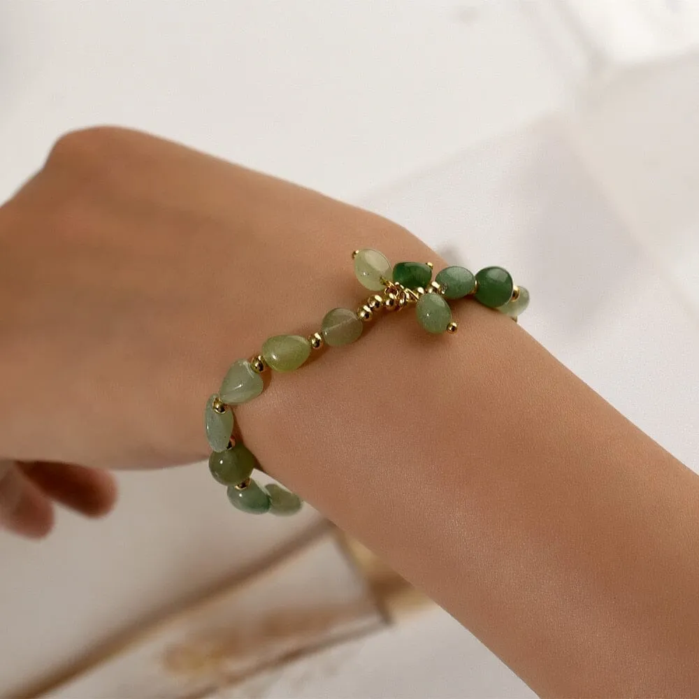Green Aventurine Stone Oval Beads Charm Stretchy Bracelet