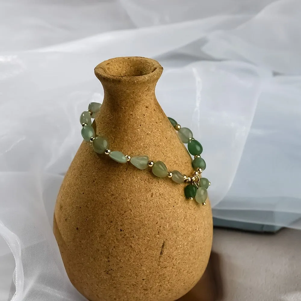 Green Aventurine Stone Oval Beads Charm Stretchy Bracelet