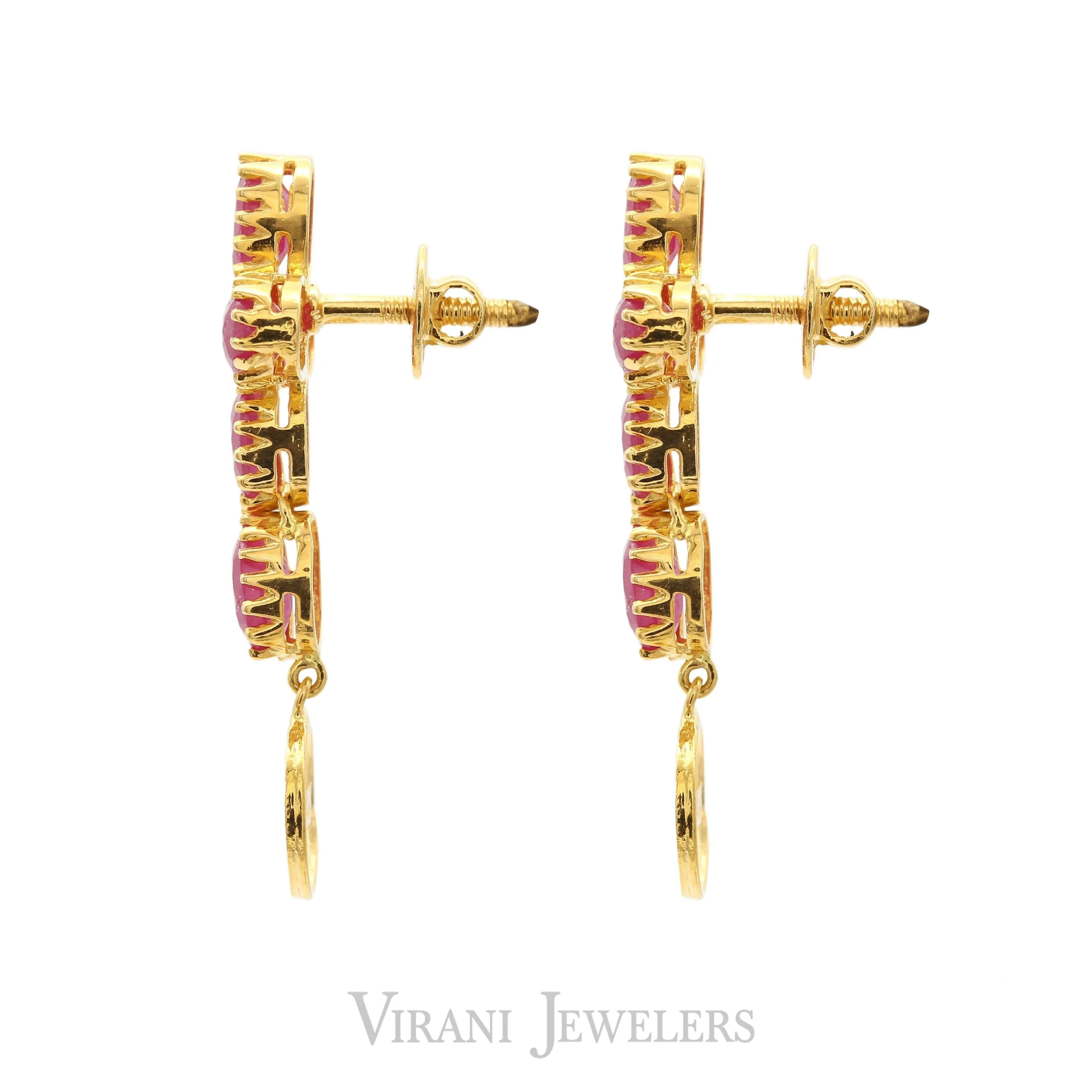 Long Kasu Necklace & Earrings Set W/ Faceted Rubies & Engraved Coins