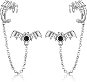 MONGAS Bat Earrings Sterling Silver Gothic Skeleton Cuff Chain Earrings Halloween Bat Jewelry for Women