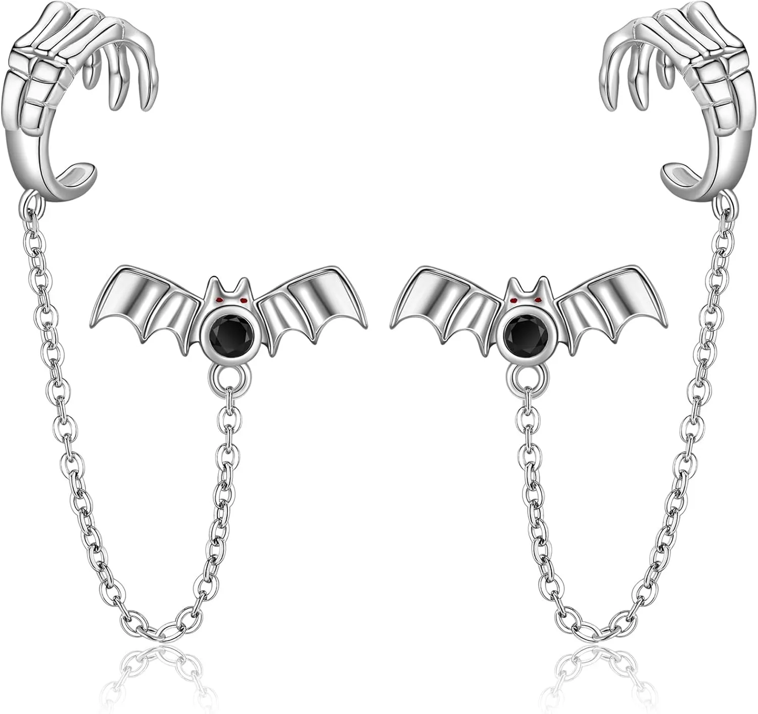 MONGAS Bat Earrings Sterling Silver Gothic Skeleton Cuff Chain Earrings Halloween Bat Jewelry for Women