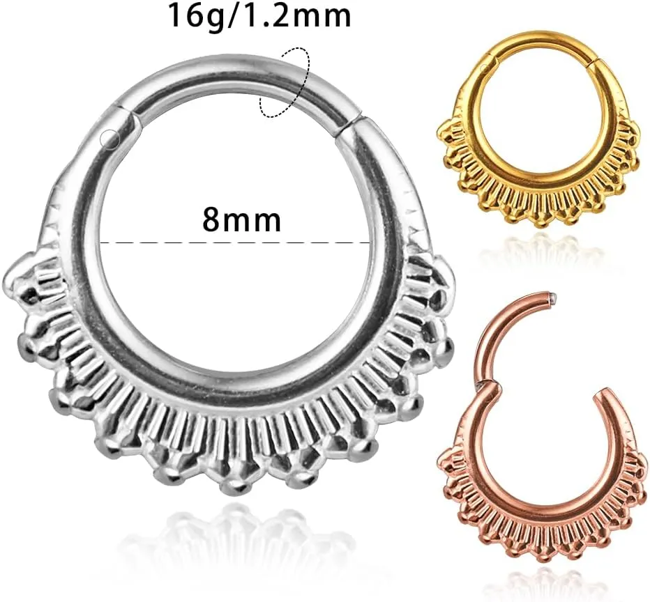 MOQIKAKA16G 8mm Floral Nose Rings Hoops, Surgical Steel Septum Rings Hoops, Hinged Segment Nose Lips Helix Cartilage Clicker Hoop Earrings for Rook Daith Tragus Piercing Rings for Women Men