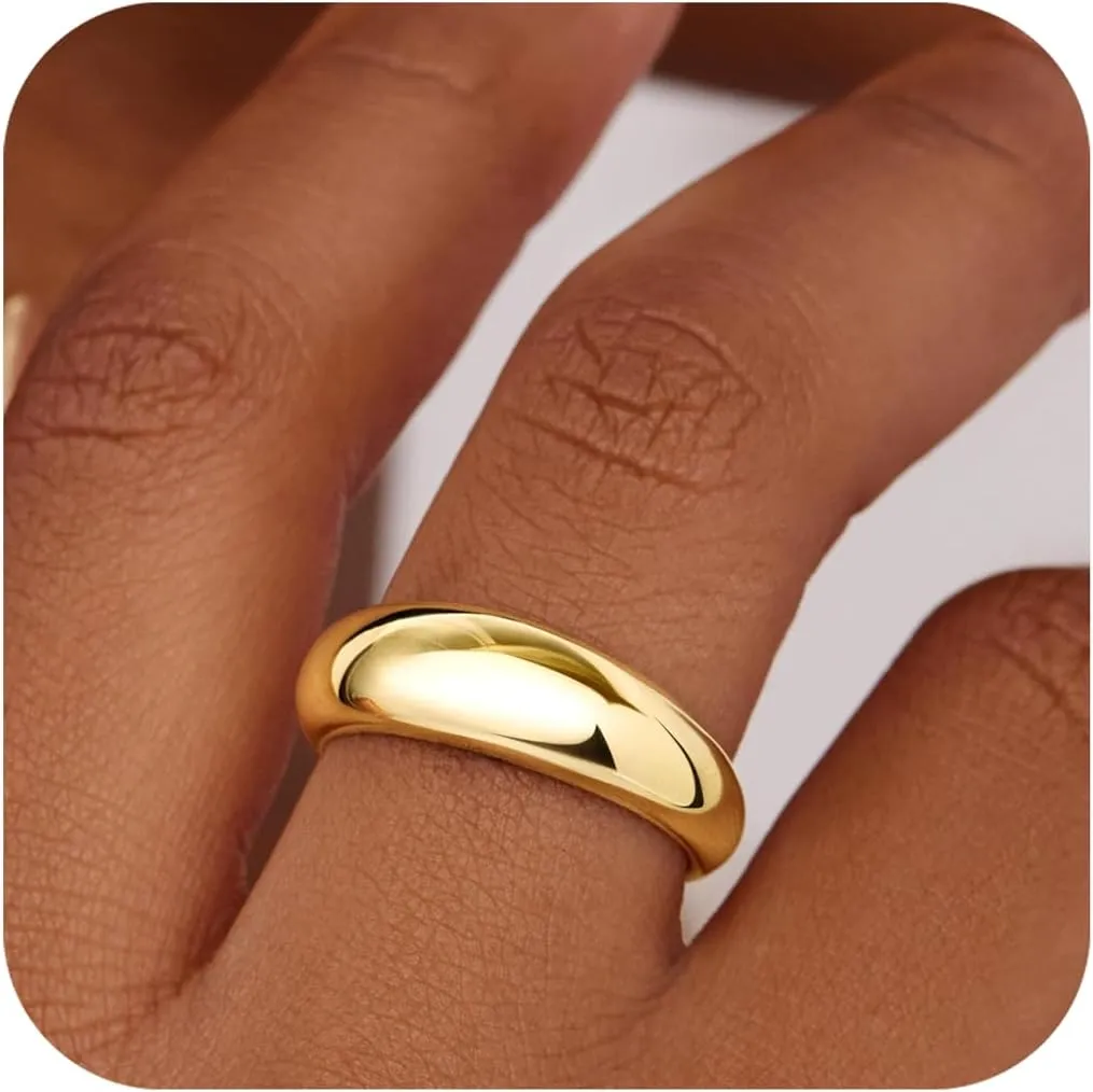 Non Tarnish Gold Chunky Rings for Women, 14K Gold Plated Statement Dome Rings, Stackable Mens Wedding Band Jewelry Size 5-15