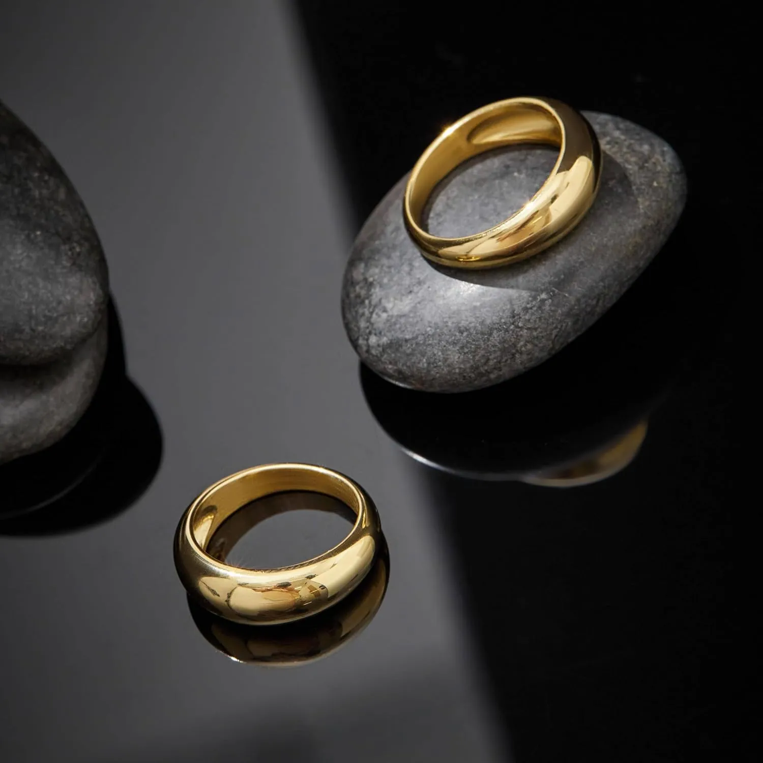 Non Tarnish Gold Chunky Rings for Women, 14K Gold Plated Statement Dome Rings, Stackable Mens Wedding Band Jewelry Size 5-15
