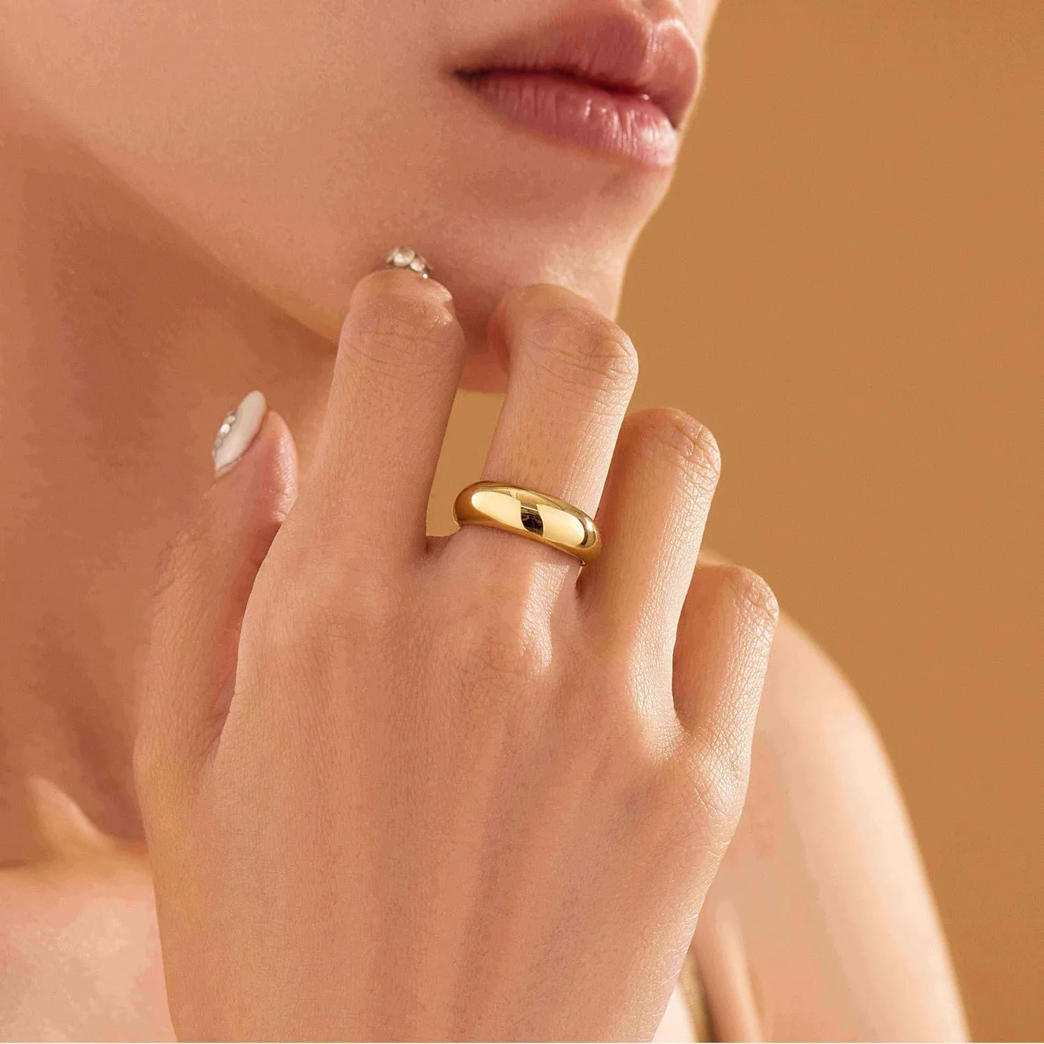 Non Tarnish Gold Chunky Rings for Women, 14K Gold Plated Statement Dome Rings, Stackable Mens Wedding Band Jewelry Size 5-15