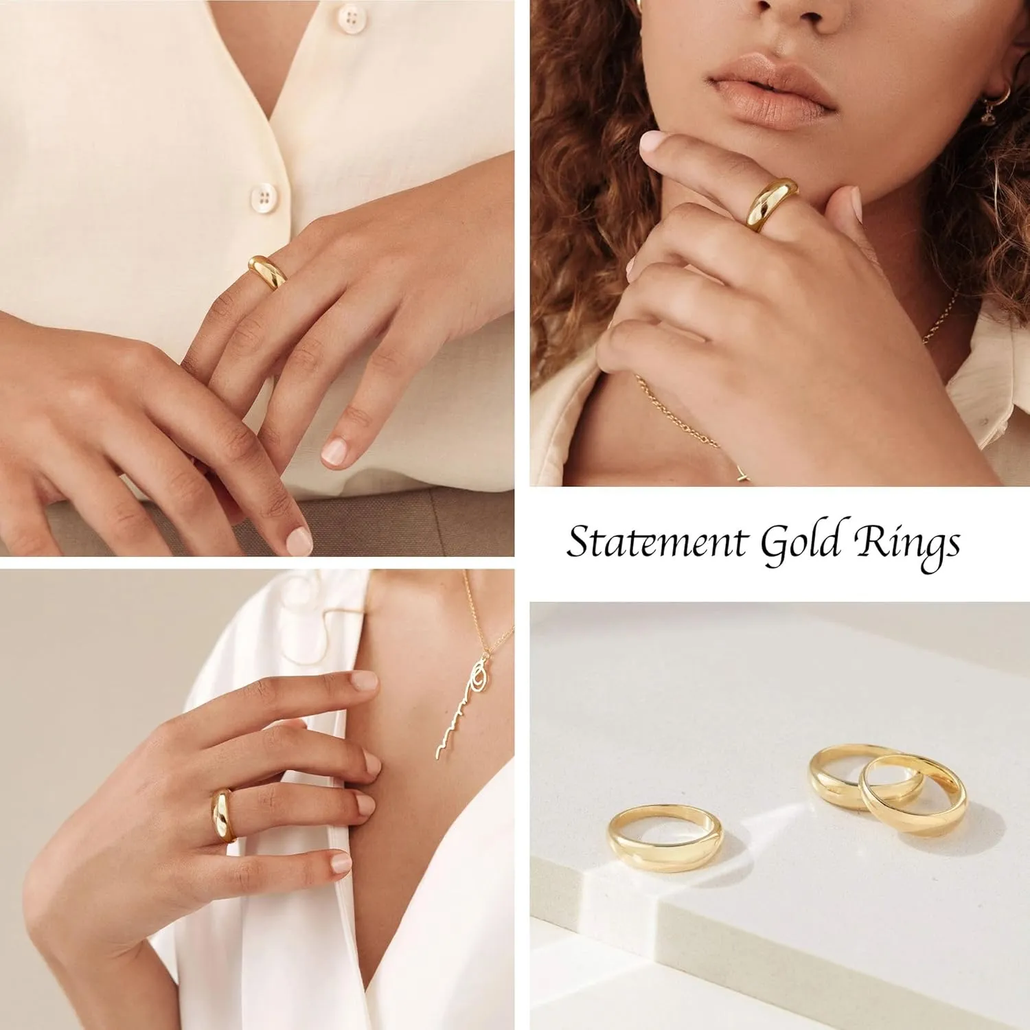 Non Tarnish Gold Chunky Rings for Women, 14K Gold Plated Statement Dome Rings, Stackable Mens Wedding Band Jewelry Size 5-15