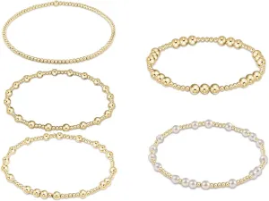Pingyongchang Gold Beaded Bracelets for Women 14K Gold Plated Stackable Bracelets Stretch Bead Ball Bracelet Set for Women 3MM 4MM 6MM 8MM Beads Jewelry