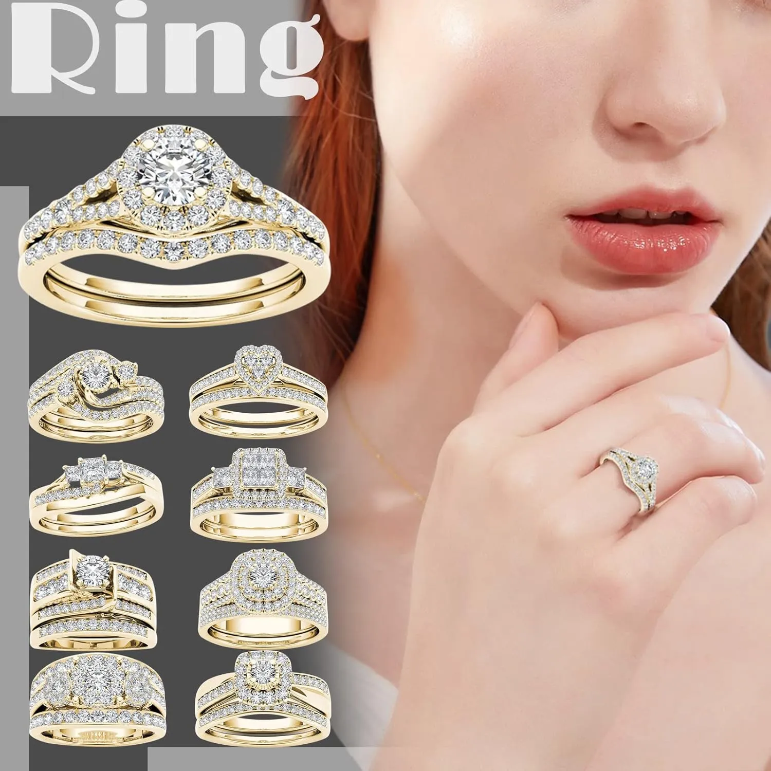 Wedding Rings Set for Women,925 Sterling Silver Bridal Rings Sets for Couple Gold plated Cubic Zirconia Halo Engagement Ring